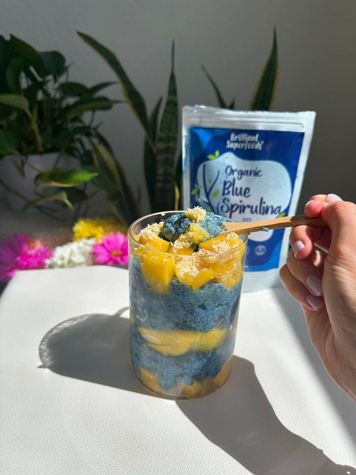 Blue mango chia pudding